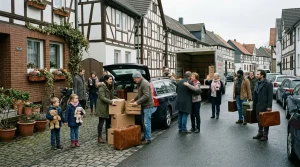 Menschen mit Koffern verlassen ein historisches Fachwerkdorf