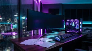 Gaming-PC-Setup mit ultrawide Monitor und Neonlicht