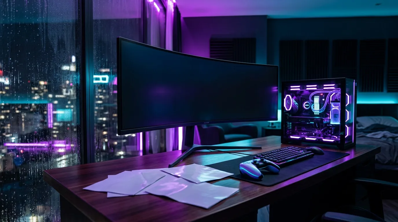 Gaming-PC-Setup mit ultrawide Monitor und Neonlicht