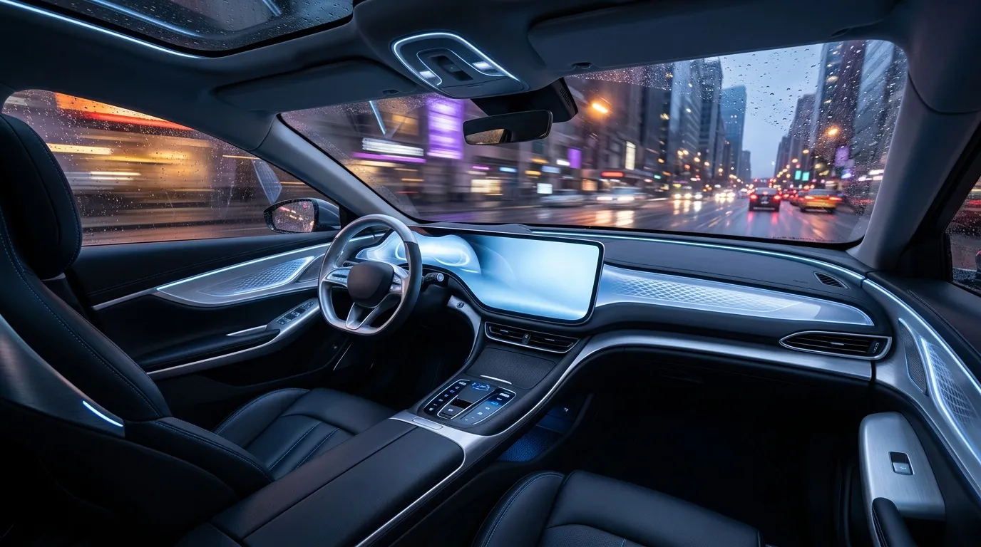 Moderner Autoinnenraum mit leuchtend blauem Display in regnerischer Stadtnacht