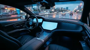 Modernes Auto-Cockpit mit leuchtenden Displays in Stadtverkehr