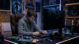 Junger Mann sitzt am Gaming-Schreibtisch mit Monitor und Headset