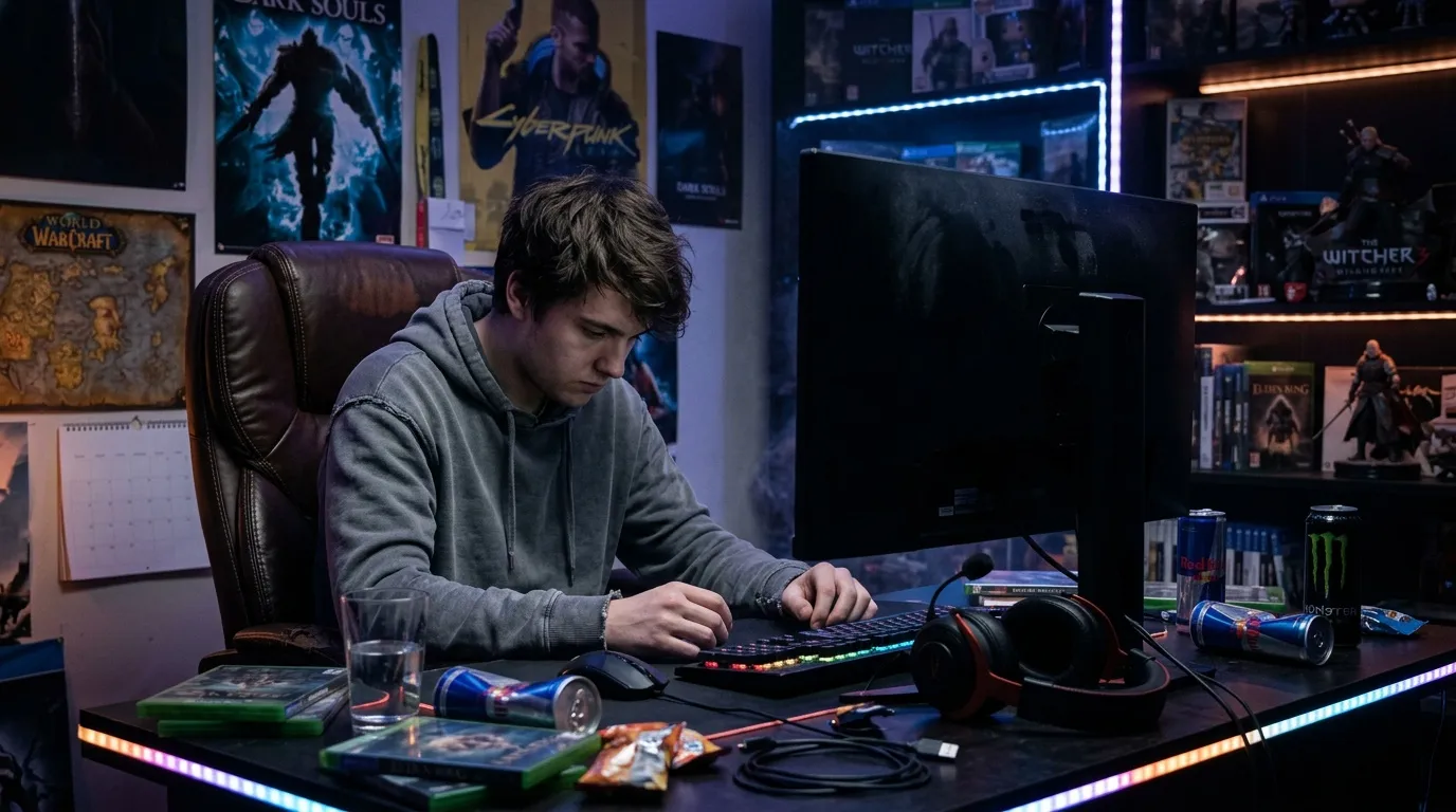 Junger Mann sitzt am Gaming-Schreibtisch mit Monitor und Headset