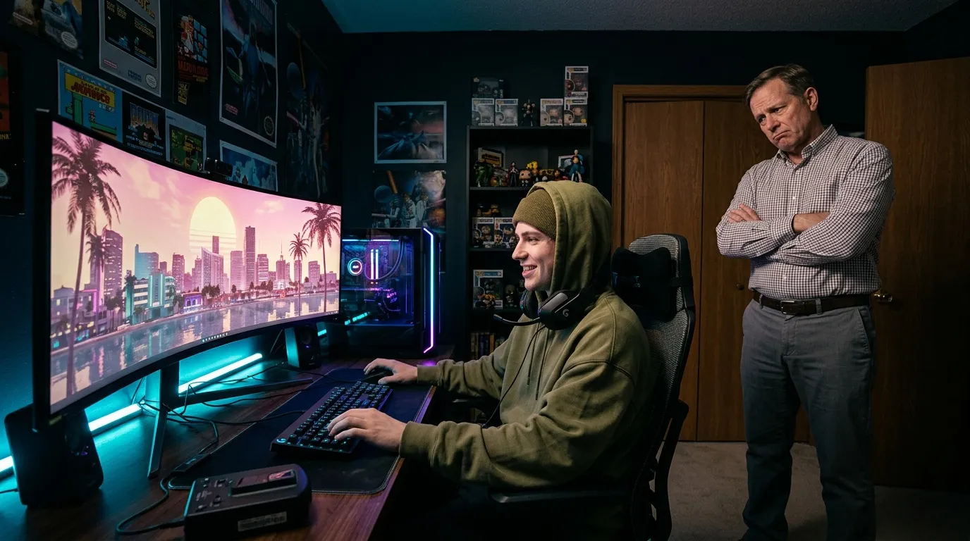 Junge spielt Videospiel am Monitor, Vater schaut zu