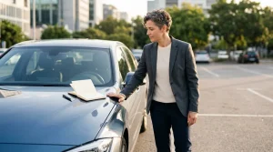 Frau in Blazer prüft Auto mit Tablet
