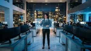 Frau in Business-Anzug präsentiert vor Team in Hochhaus-Büro