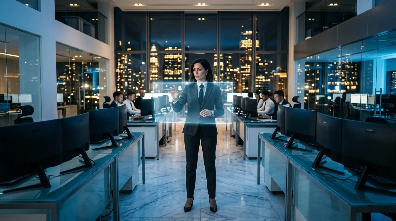 Frau in Business-Anzug präsentiert vor Team in Hochhaus-Büro