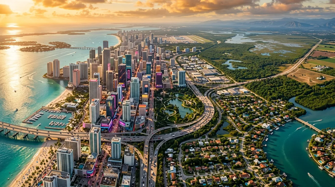 Luftbild einer Großstadt mit Hochhäusern, Strand und Wasser