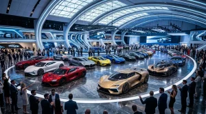 Elegante Sportwagen in futuristischer Ausstellungshalle präsentiert