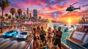 Luxusfeier mit Supercars, Yacht und Feuerwerk bei Sonnenuntergang