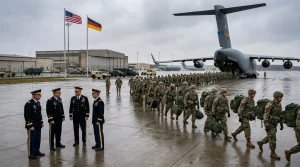 Soldaten besteigen Militärtransportflugzeug auf Flugplatz