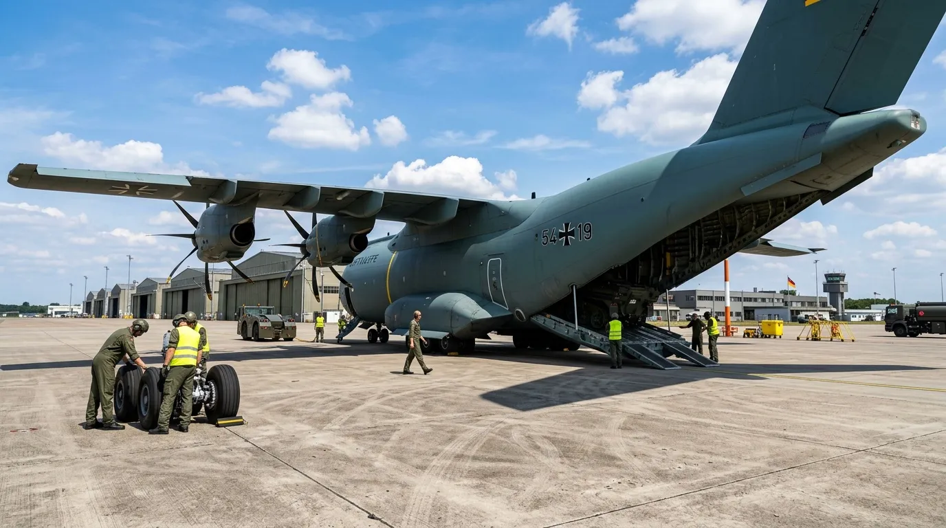 Militärpersonal lädt Fracht in großes Transportflugzeug