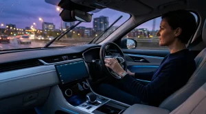 Frau fährt Auto nachts durch beleuchtete Stadt