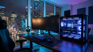 High-End Gaming-PC und Monitor in modernem Zimmer mit Nachtstadt-Ausblick
