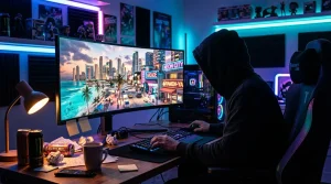 Gamer an Schreibtisch mit ultrabreitem Monitor und Neon-Beleuchtung