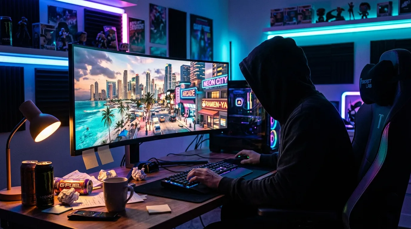 Gamer an Schreibtisch mit ultrabreitem Monitor und Neon-Beleuchtung