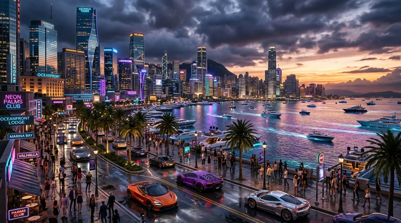 Futuristische Hafenpromenade mit Luxusautos und Stadtlichtern