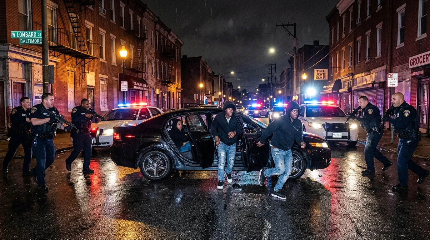 Polizeibeamte führen Personen während nächtlicher Straßenoperation ab.