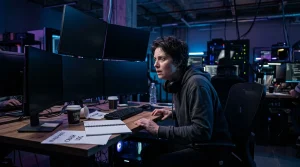 Mann mit Kopfhörern arbeitet an Computer in futuristischem Büro