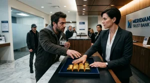 Mann mit Ausweis zeigt Bankbeamtin Goldbarren