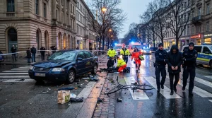 Unfallstelle mit Auto, Fahrrad, Polizei und Rettungskräften