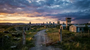 Ruinen einer Militärbasis mit Stadtsilhouette im Hintergrund bei Dämmerung