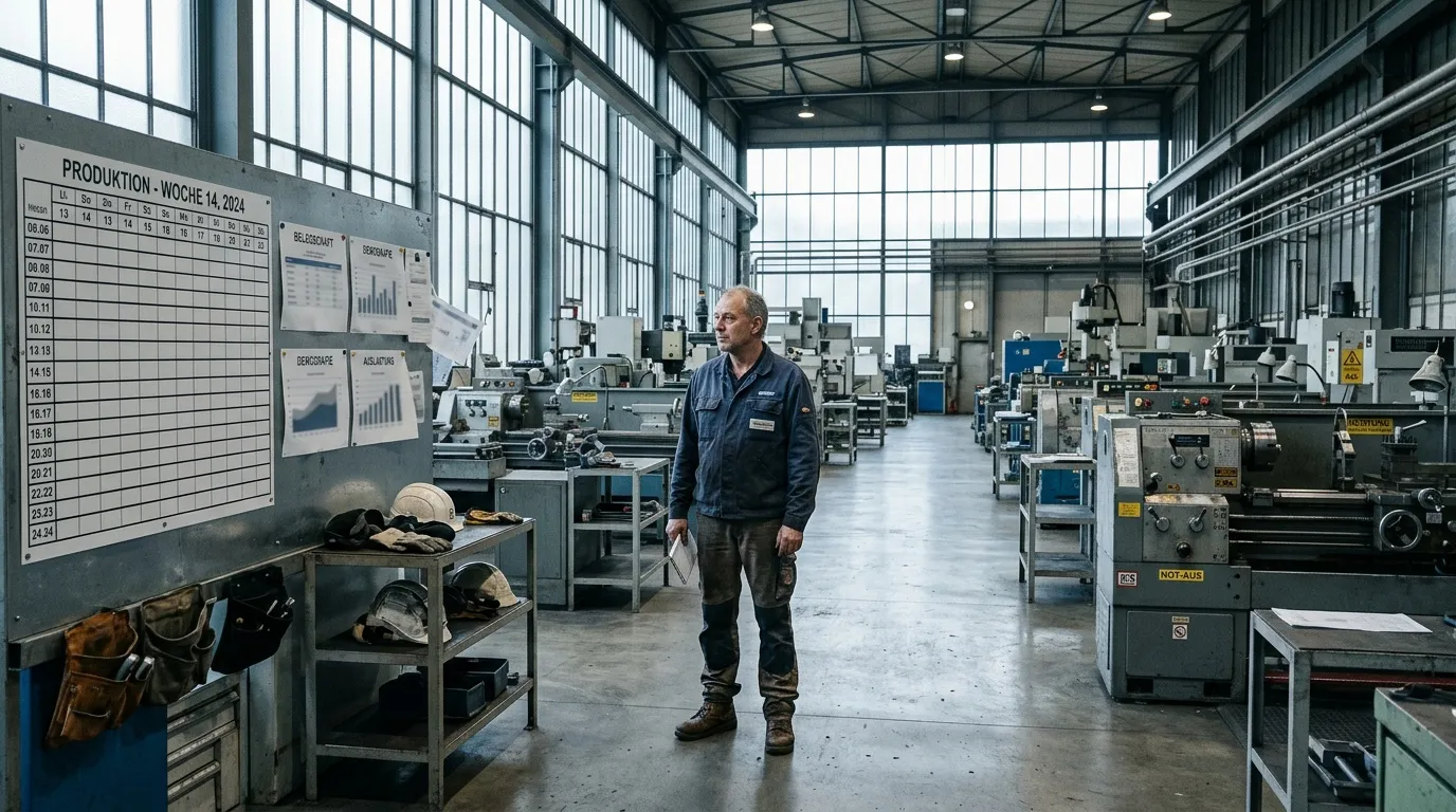 Mann in Arbeitskleidung steht in Maschinenhalle mit Drehmaschinen