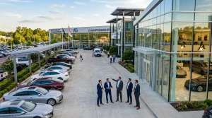 Geschäftsleute diskutieren vor modernem Autohaus mit Fahrzeugen