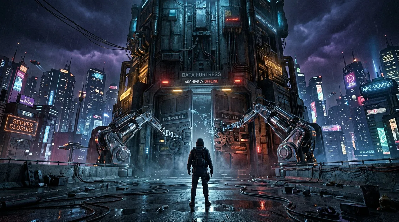 Einsamer Soldat vor futuristischer Festung in Cyberpunk-Stadt
