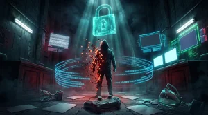 Hacker in futuristischem Raum mit Sicherheitsschloss und digitalen Daten
