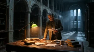 Mann studiert alte Bücher unter Lampe in gotischer Architektur