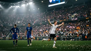 Deutscher Spieler jubelt nach Tor im Stadion vor Fans