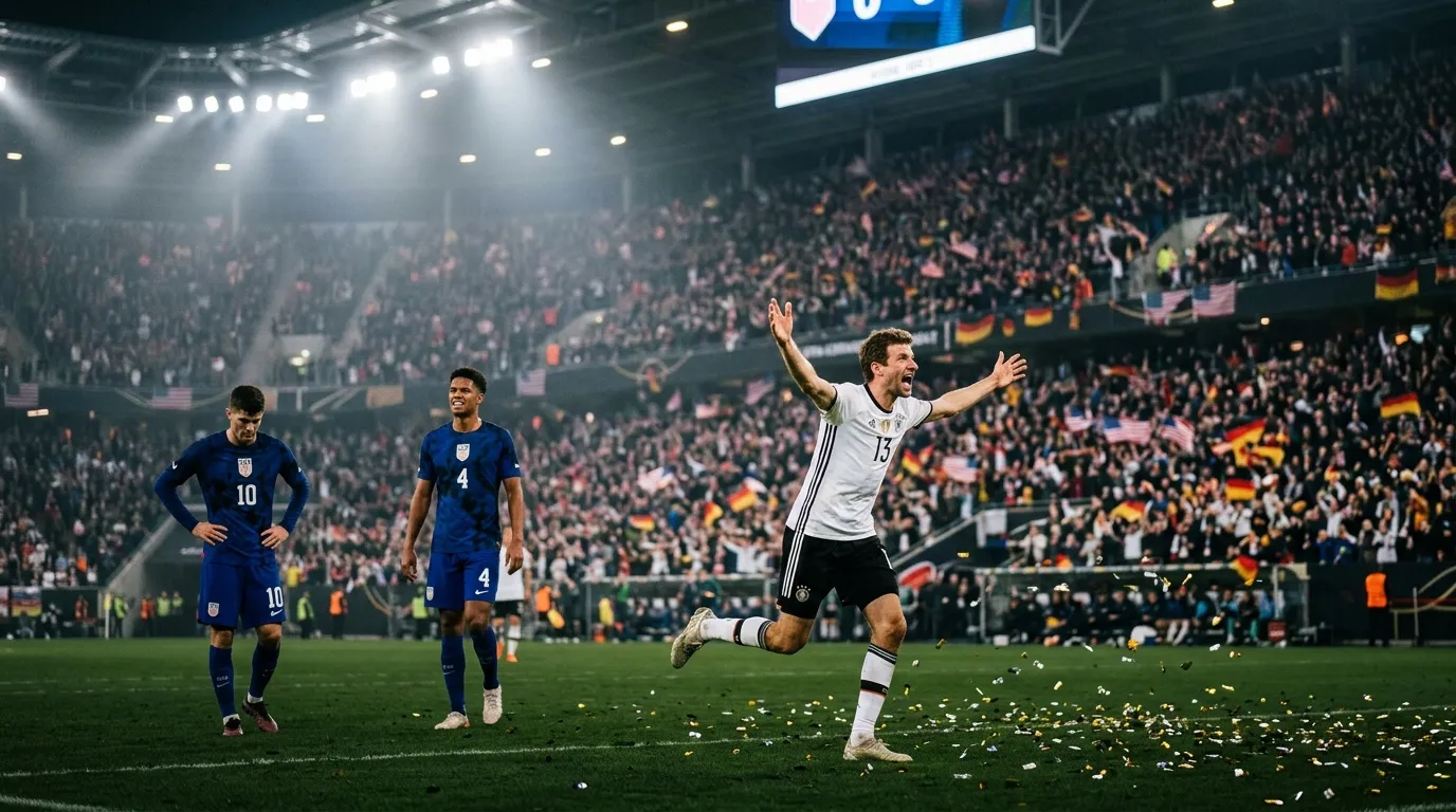 Deutscher Spieler jubelt nach Tor im Stadion vor Fans