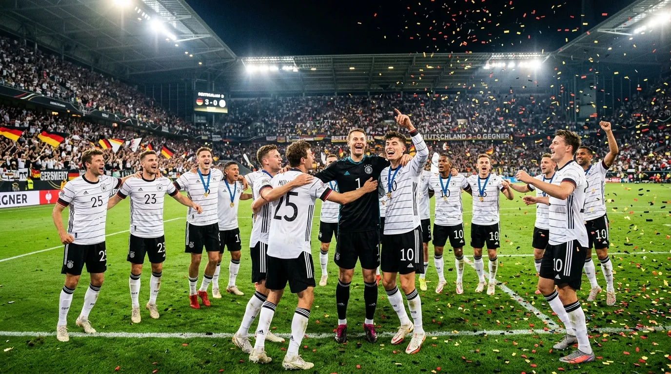 Deutsche Fußballmannschaft feiert Sieg im Stadion mit Konfetti