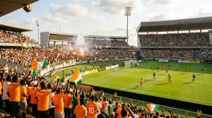 Orangegekleidete Fans jubeln im vollbesetzten Stadion während Fußballspiel