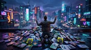 Mann sitzt auf Videospiele, feiert vor futuristischer neonbeleuchteter Stadt