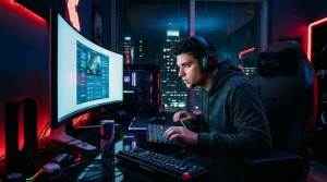 Junger Mann mit Headset sitzt am Gaming-PC mit Neon-Beleuchtung