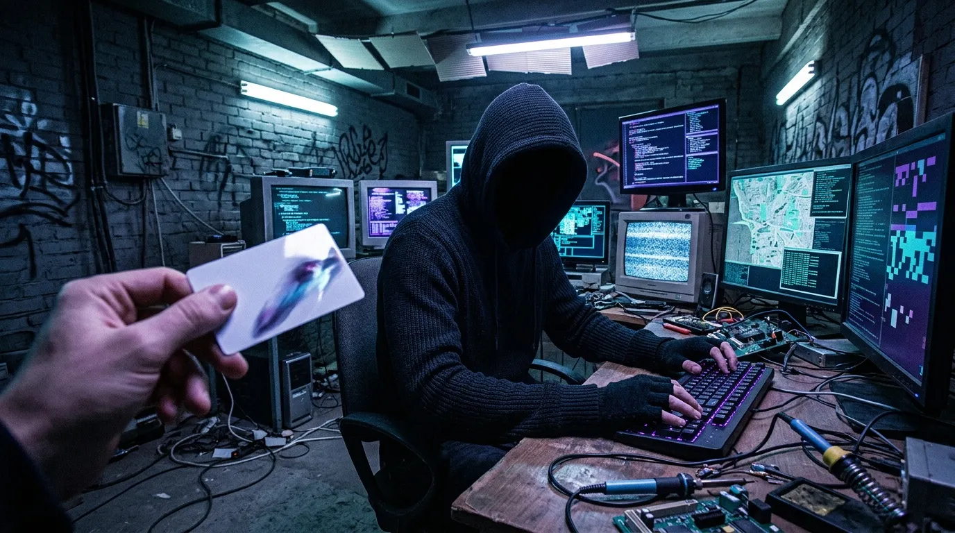 Vermummter Hacker arbeitet an Computern in dunklem Raum