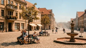 Altstadt-Platz mit Brunnen, historischen Gebäuden und Besuchern