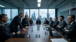 Militär- und Regierungsbeamte sitzen um Konferenztisch.