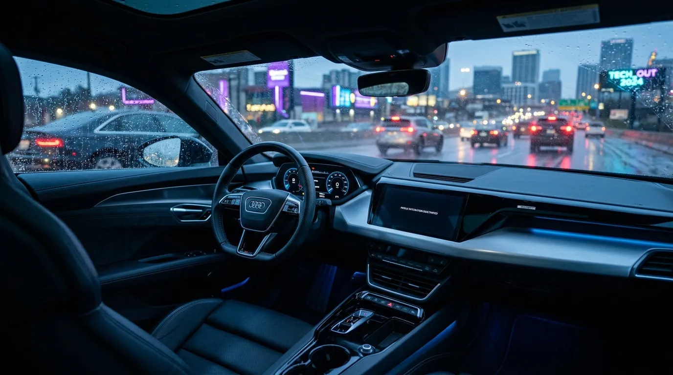 Audi-Cockpit mit Blick auf regennasse Stadtstraße bei Nacht
