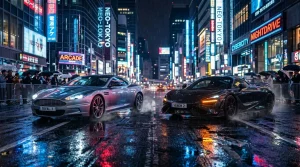 Zwei Sportwagen auf regennasser Straße mit leuchtenden Neonlichtern