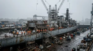 HMS Avenger Kriegsschiff in Trockendock mit Arbeitern
