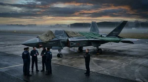 Soldaten inspizieren modernen Kampfjet auf Flugplatz