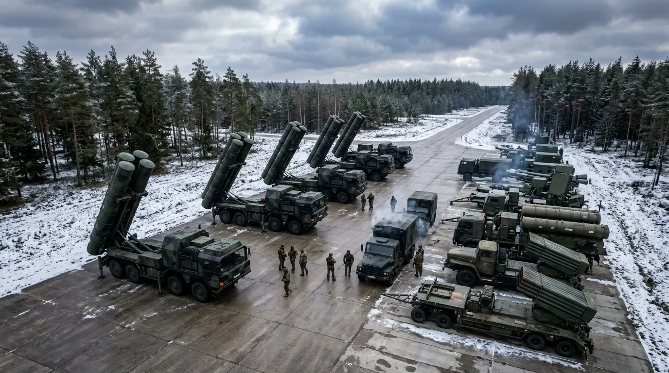 Luftverteidigungssysteme und Raketenlauncher in verschneiter Waldlandschaft