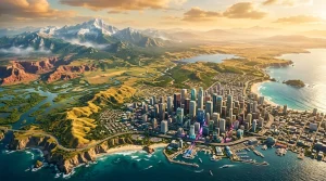Luftaufnahme: Großstadt an Küste mit Bergen und Flusstal.