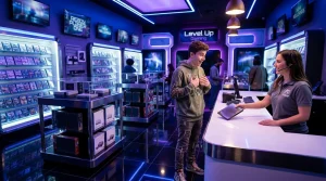 Junger Mann an Verkaufstheke in futuristischem Videospiel-Laden