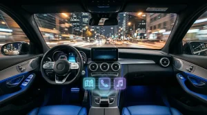 Futuristisches Fahrzeug-Interieur mit leuchtenden Symbolen nachts