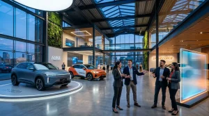 Futuristisches Autohaus mit elektrischen Fahrzeugen und Geschäftspersonen