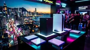 Gaming-Konsolen auf Bühne mit Cyberpunk-Stadtkulisse